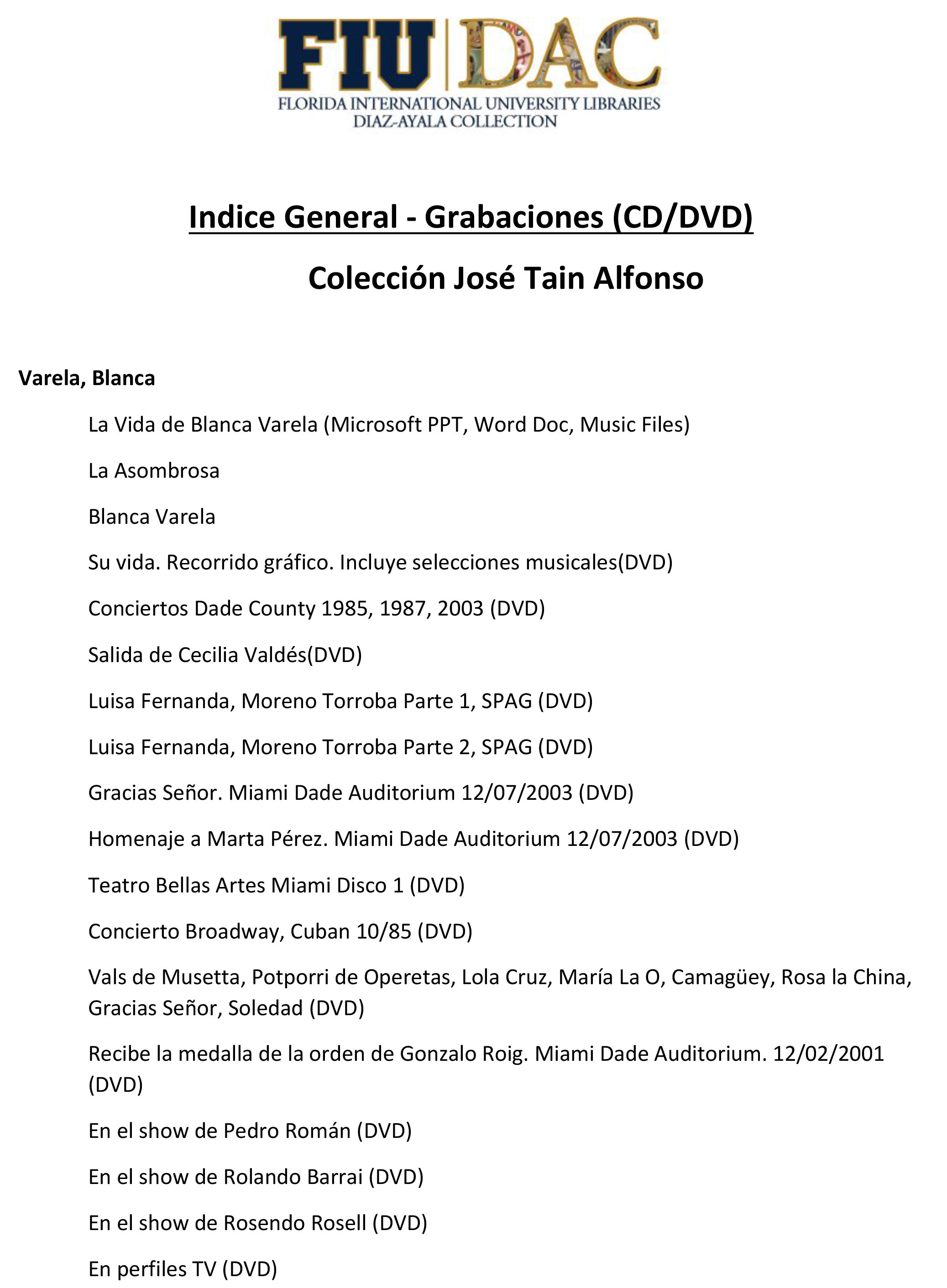 Jose Tain Aflonso Collection - Audio/Video File Index Parte 4 - Indice p.016